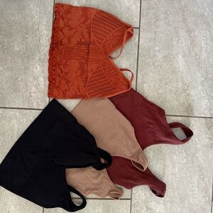 Stylish Women's Lace and Ribbed Tops - Orange, Black, Brown, Red